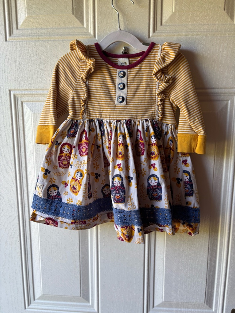Wildflowers Yellow Striped Matryoshka Print Ruffle Dress